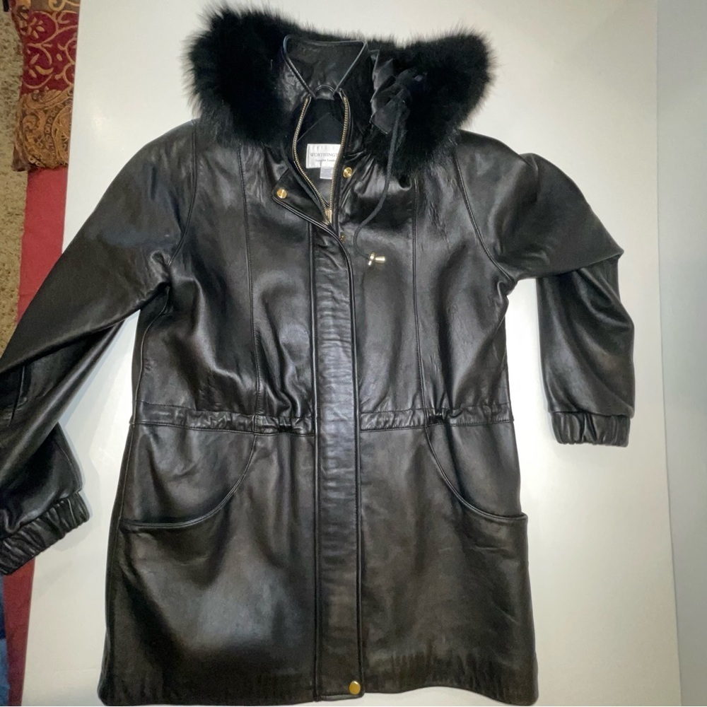 Worthington Lambskin Leather Coat Fur Lined Hood Drawstring Waist Size M - Picture 10 of 17